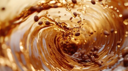 Coffee beans suspended in a swirling coffee liquid, showcasing their richness and texture.