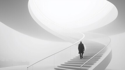 Person ascends a modern, white spiral staircase in a hazy, minimalist interior.