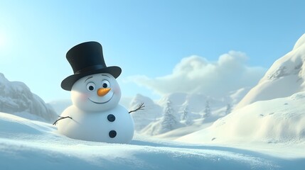 Obraz premium Cheerful Snowman in Snowy Mountain Landscape
