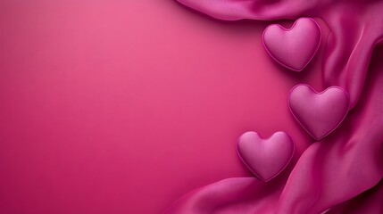 Pink hearts rest on a pink fabric background