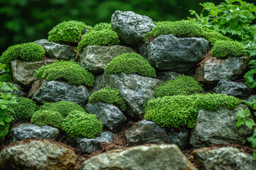 Green moss growing on wet rocks.