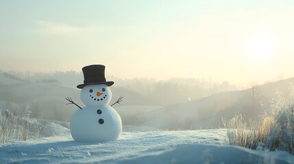 Fototapeta premium A lone snowman stands in a snowy winter landscape