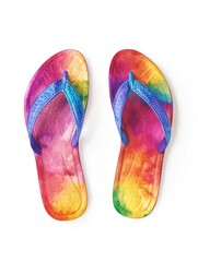 A pair of vibrant, colorful flip flops for a beach or summer adventure.