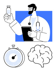 Doctor evaluating medicine, holding clipboard brain represents mental health, stopwatch symbolizes time management. Ideal for healthcare, medical studies, treatment planning, neuroscience, research