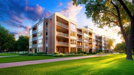 Obraz premium A stylish residential apartment building with wide balconies overlooking a scenic park.