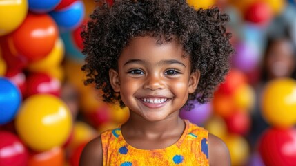 Cheerful child smiling amidst colorful balloons.