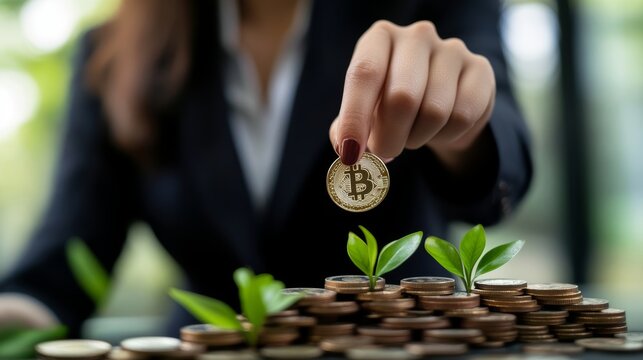 Business Woman putting a coin on a pile of coins Placing coins in a row from low to high is comparable to saving money to grow more The concept of growing savings and saving by investing in a stock