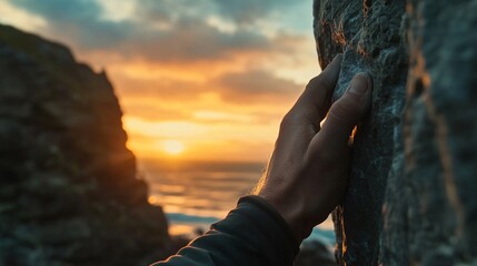 Hand Gripping Rock at Sunset Near Ocean Shoreline in Background