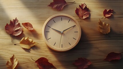 Wooden Clock Surrounded By Autumn Leaves On Wood