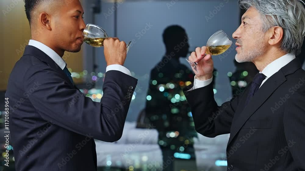 Leinwandbilder 乾杯、パーティー、祝杯、お酒、ワイン、シャンパン、笑顔、談笑、チームワーク、グローバル、英会話、外国人、日本人、ビジネス、ビジネスパーソン、男性、商談、外交、ロビー、オフィス、夜景、コミュニケーション、ビジネスマン、グラス、立食、会談、友人、イベント、式典、スーツ、シニア、ミドルエイジ、中高年、黒人、国際、グループ、社長、経営者、上司、経営、企業、アルコール、飲酒、祝福、宴会、祝宴、カクテル、接待