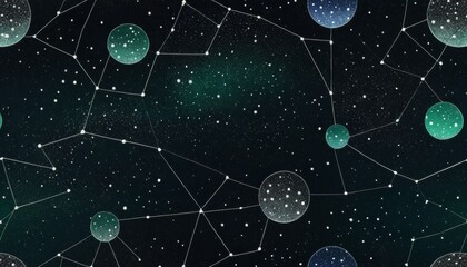 Abstract Cosmic Network: Celestial Bodies Connected by Glowing Lines Against a Dark Nebula Background