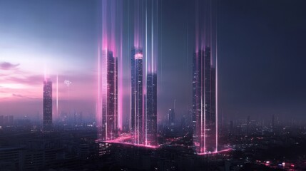 Digital city concept with high-rise buildings, 5G towers, and data connections visualized as glowing lines
