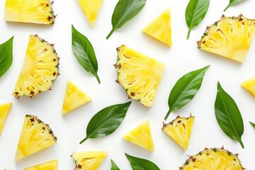 Flat lay pattern of sliced pineapple with green leaves.