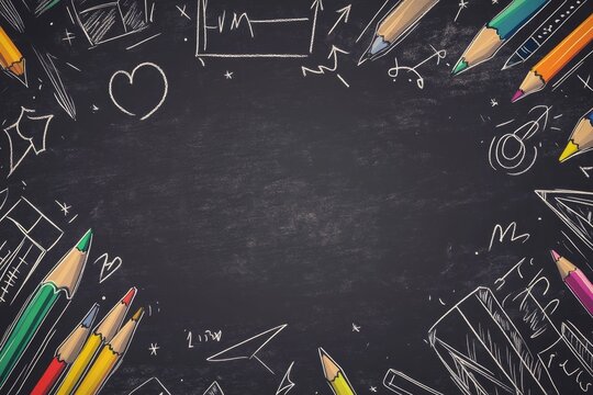 Chalkboard border with colorful pencils and school supplies. - Powered by Adobe