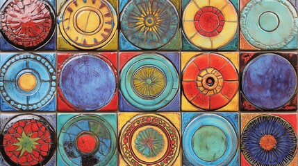 Colorful ceramic tile decoration with ornament and circles