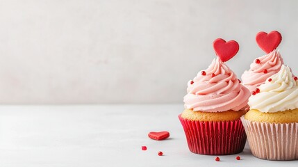 Valentines Day cupcakes decorated with red and pink frosting, arranged in a heart shape.