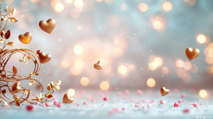 Fototapeta premium Golden hearts and branches on a sparkly background with bokeh.
