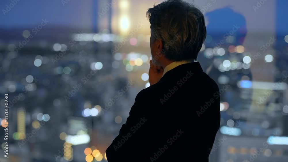 Aufkleber ビジネス、夜景、ビジネスパーソン、ビジネスマン、社長、経営、経営者、展望、不安、心配、疑問、ホテル、ロビー、ラウンジ、オフィス、暗い、ネガティブ、悩み、トラブル、問題、残業、疲労、シニア、上司、マネジメント、企業、転職、引退、リタイア、ミドルエイジ、中高年、日本人、男性、都市、社会、窓、見通し、予測、戦略、経済、落ち込む、ショック、憂鬱、ストレス、疲れ、シルエット、課題、責任、プレッシャー、人物