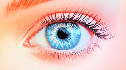 Fototapeta premium A radiant blue eye with a starburst pattern in the iris on a gradient pink-to-orange background