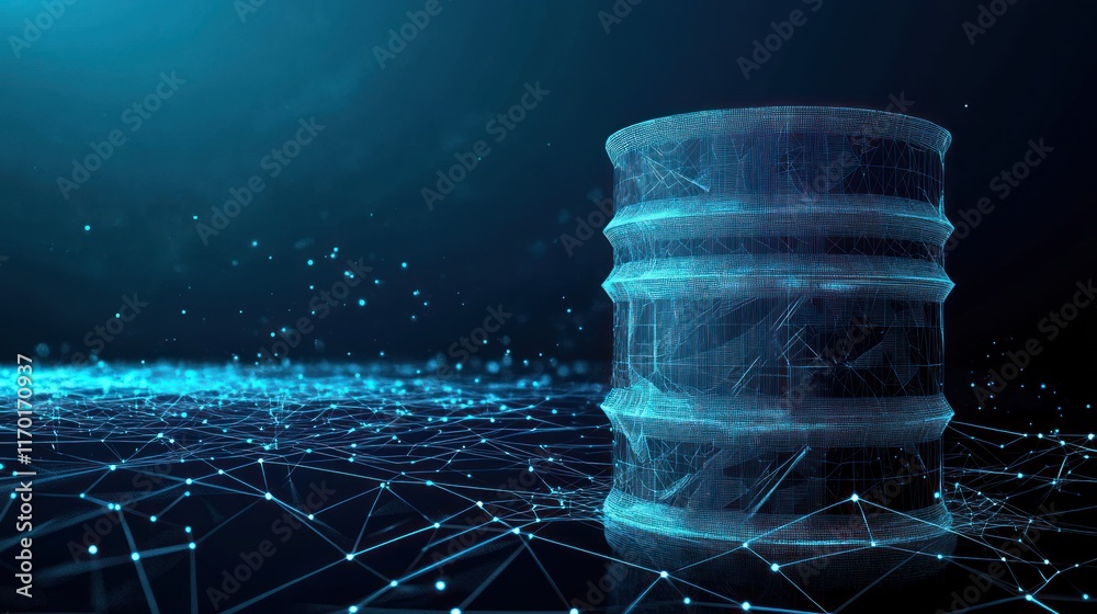 Poster a digital representation of a barrel surrounded by a network of data points.