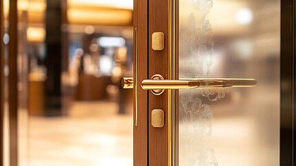 Gold door handle on glass door.