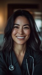 Portrait of a cheerful Asian female doctor with straight hair, wearing a black lab coat and holding a stethoscope, smiling warmly in a medical office. world women in medicine day