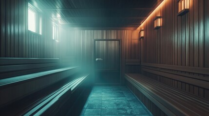 Interior of a wooden sports hall with rows of benches and light green mist from fog machine.