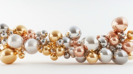Elegant Metallic Balloon Cluster in Gold, Silver, and Rose Gold Floating in Minimal 3D Design on White Background