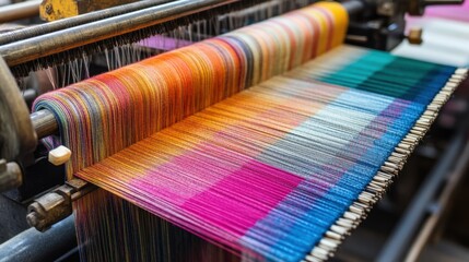 A shot of automated textile machinery weaving colorful fabrics in a factory