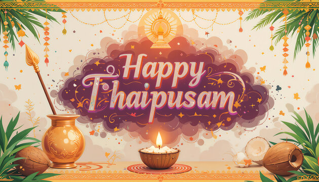 Happy Thaipusam Festival Celebration, Vibrant Indian Holiday, Traditional Hindu Rituals, Cultural Heritage, Colorful Festive Spirit, Religious Procession, Devotional Worship, Spiritual Event Design