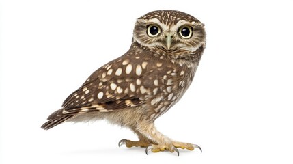 Naklejka premium A small owl tilting its head inquisitively, highlighted against a pure white backdrop