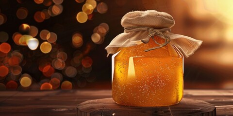 A jar of honey with a twist top, sitting on a wooden table with festive lights in the background.