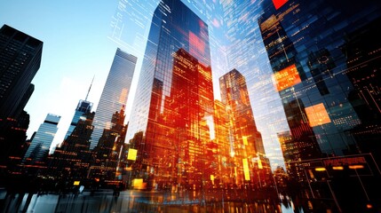 Obraz premium Infusing Innovation: Digital Skyscrapers of Technological Data Streams Symbolizing Business Growth