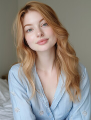 Fototapeta premium Young red-haired woman with natural beauty in soft blue attire.