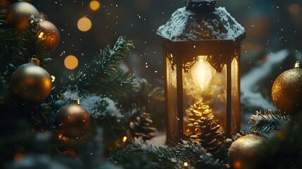 Illuminated Lantern Amidst Snowy Christmas Ornaments