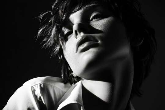 Vintage black and white portrait of a fashion model with dreamy expression, exuding sultry elegance.