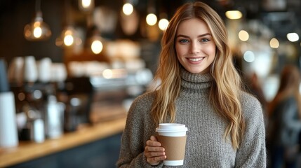Woman holding a coffee cup in a cozy caf? setting.