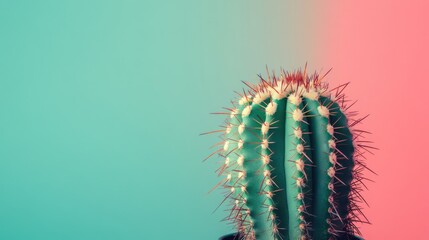 Naklejka premium Green cactus with a pink background. The cactus is the main focus of the image