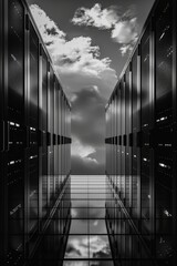 This is a high tech server room with multiple rows of computer hardware. The servers are modern and efficient, likely part of a large scale cloud computing system.