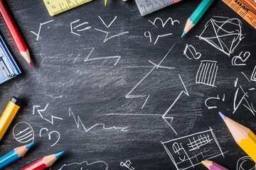 Colorful pencils & stationery around empty chalkboard with math symbols.