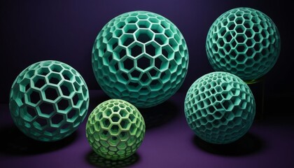 Abstract 3D Render of Geometric Honeycomb Spheres on Purple Background
