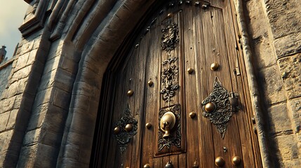 Grand, ornate wooden door with metal accents in stone facade.