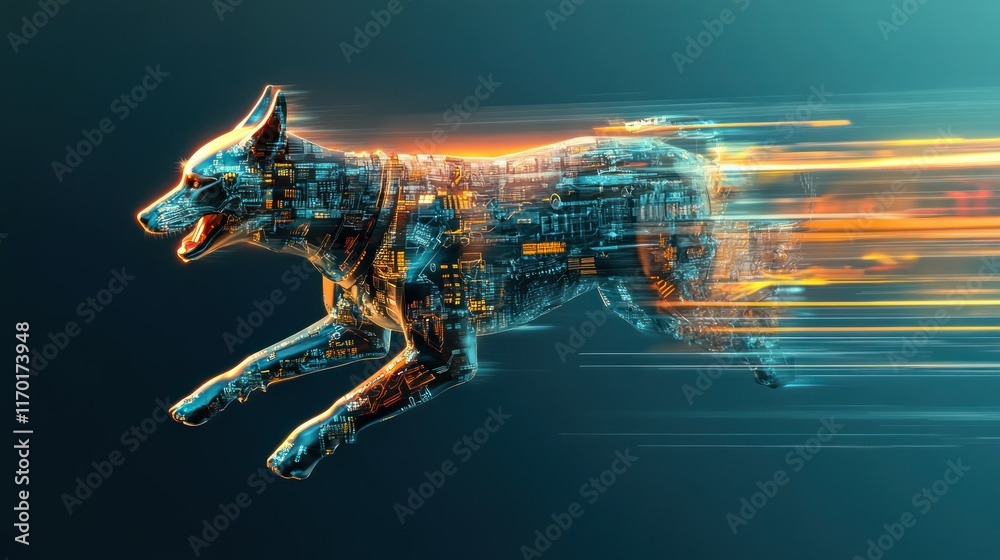 Aufkleber a digitally rendered dog in motion, showcasing a blend of technology and speed.