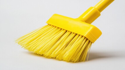 A yellow plastic broom head with stiff bristles on a stark white background
