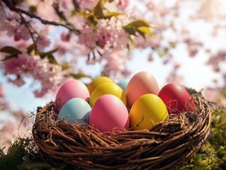 Nest of eggs with a variety of colors, including blue, yellow, and pink. The nest is surrounded by pink blossoms, creating a serene and peaceful atmosphere