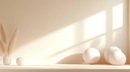 Fototapeta premium Minimalist Beige Room Decor With Pampas Grass And Spheres