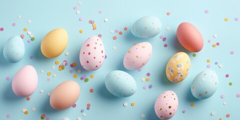 Bunch of colorful eggs are scattered on a blue background. The eggs are of different colors and sizes, and they are placed in various positions. Concept of playfulness and joy