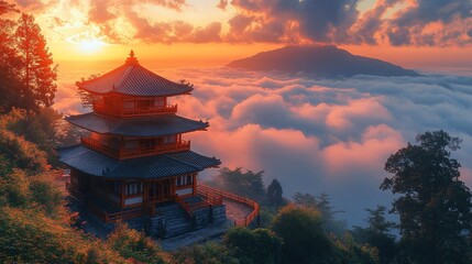 Obraz premium Majestic Pagoda Sunset Above a Sea of Clouds