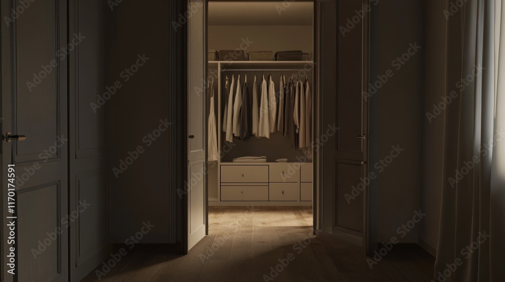 Poster a dimly lit closet with neatly arranged clothes and drawers, creating a serene atmosphere.