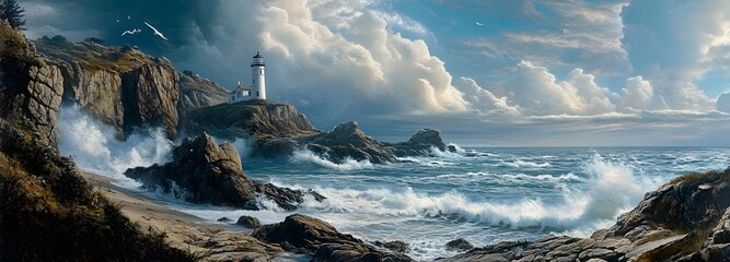 A rugged coastal landscape with jagged rocks and a lighthouse perched on a cliff, watching over the crashing waves below